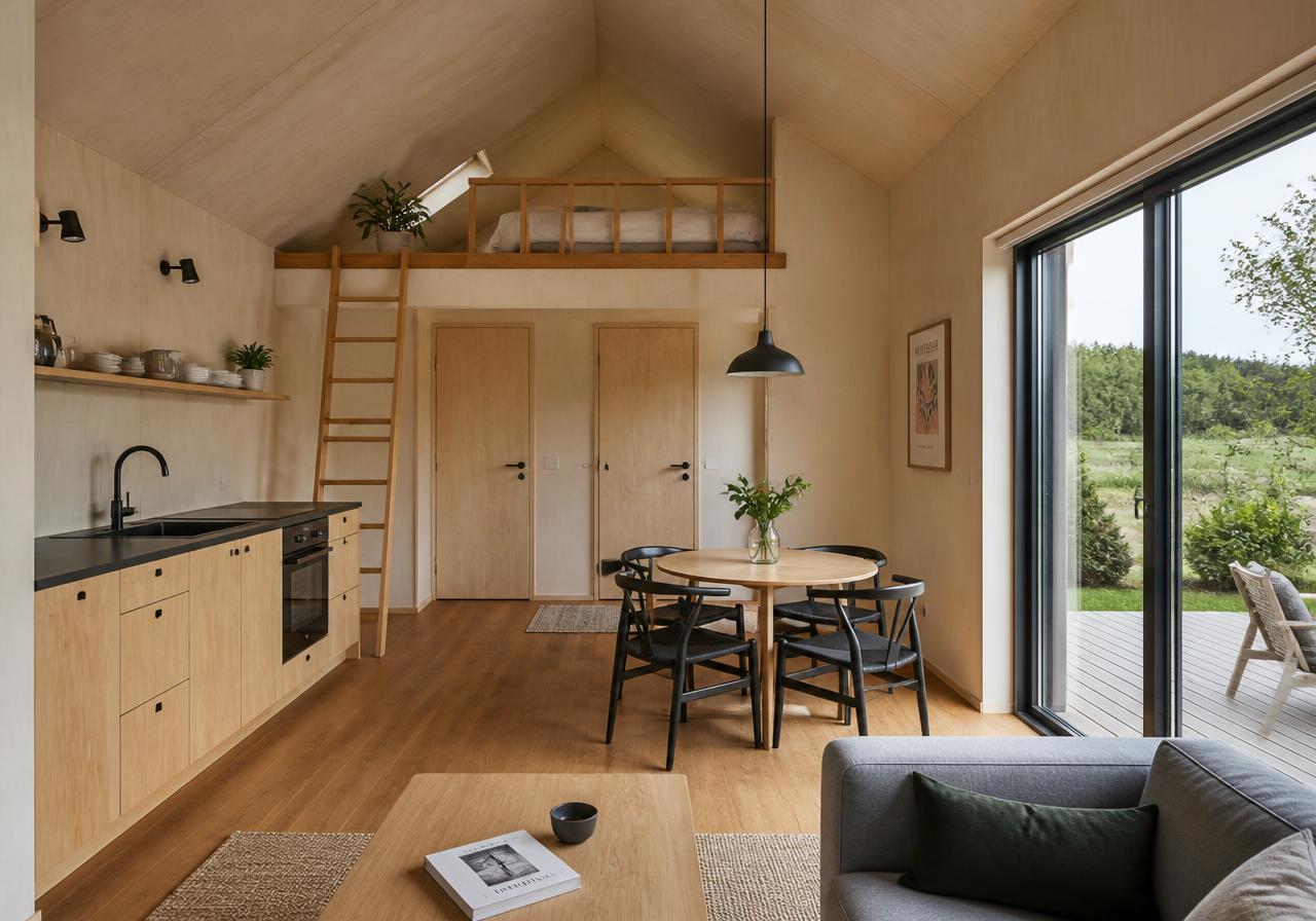 Interiör i attefallshus Nordan 25 med kök, matplats och soffa