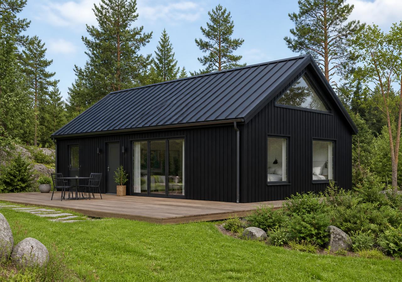 Attefallshus Nordan 40 på 40 kvm med stort glasparti och terrass