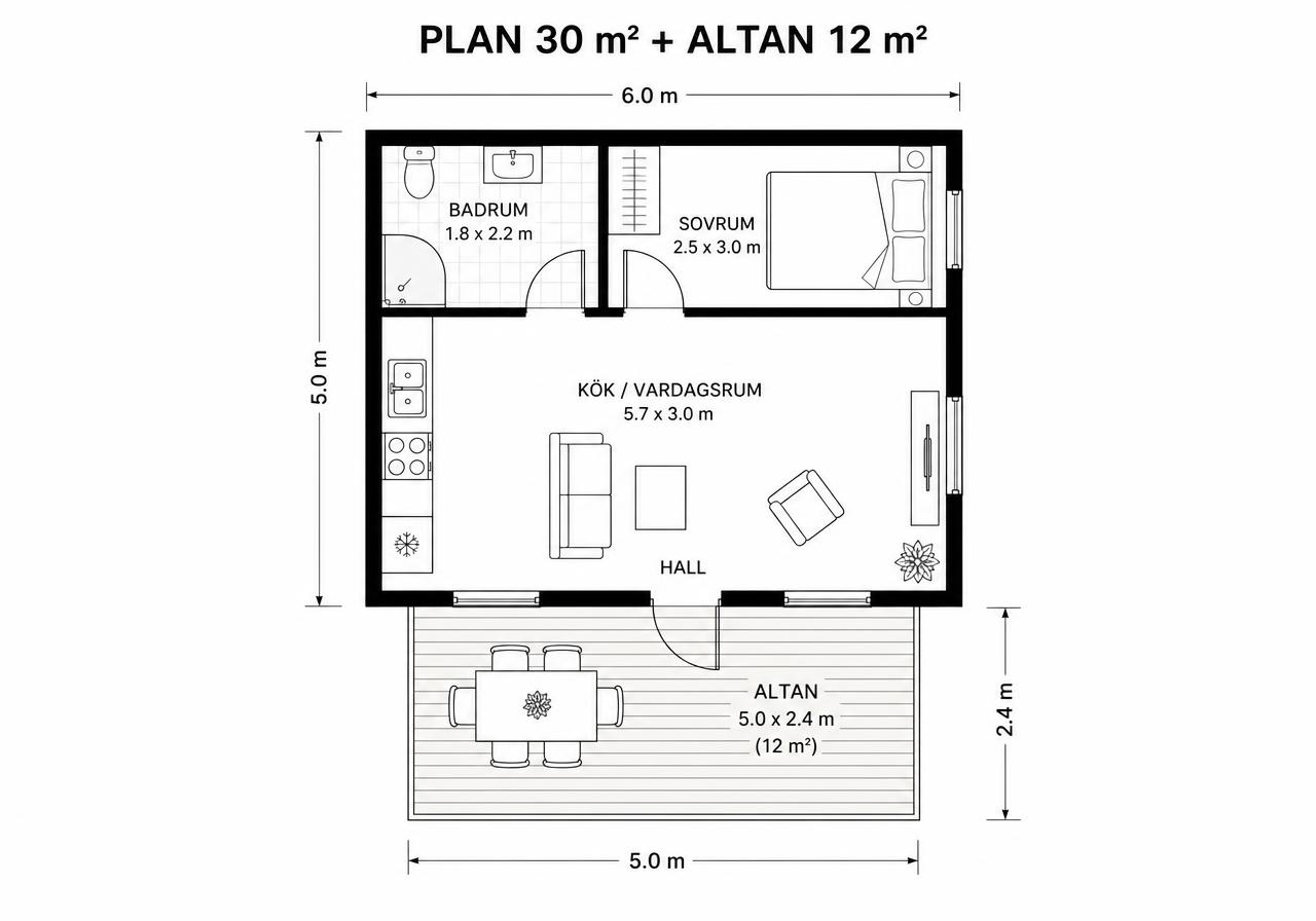 Planlösning för Nordan 30 med altan