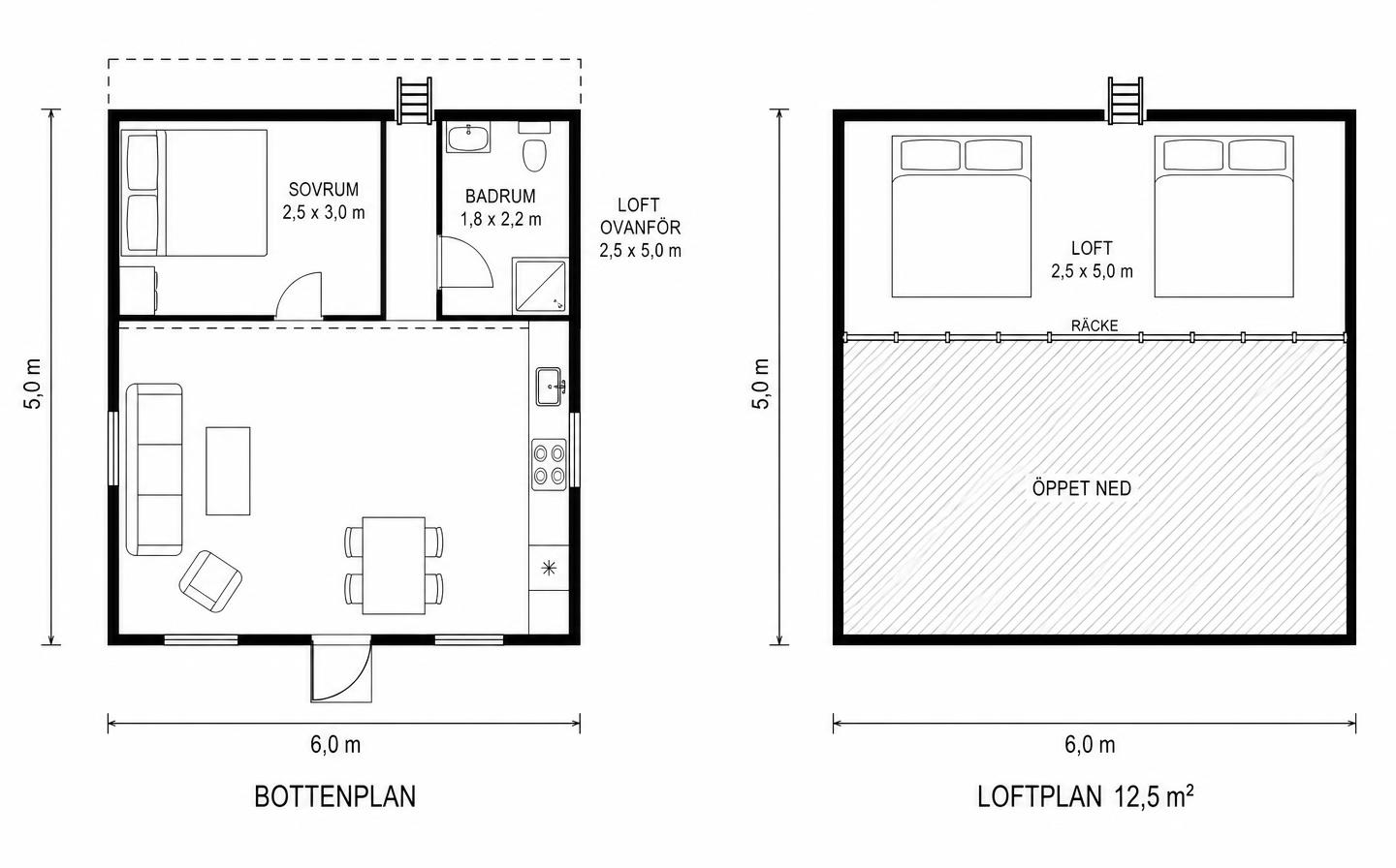 Planlösning för Nordan 30 med sovloft – bottenplan och loftplan