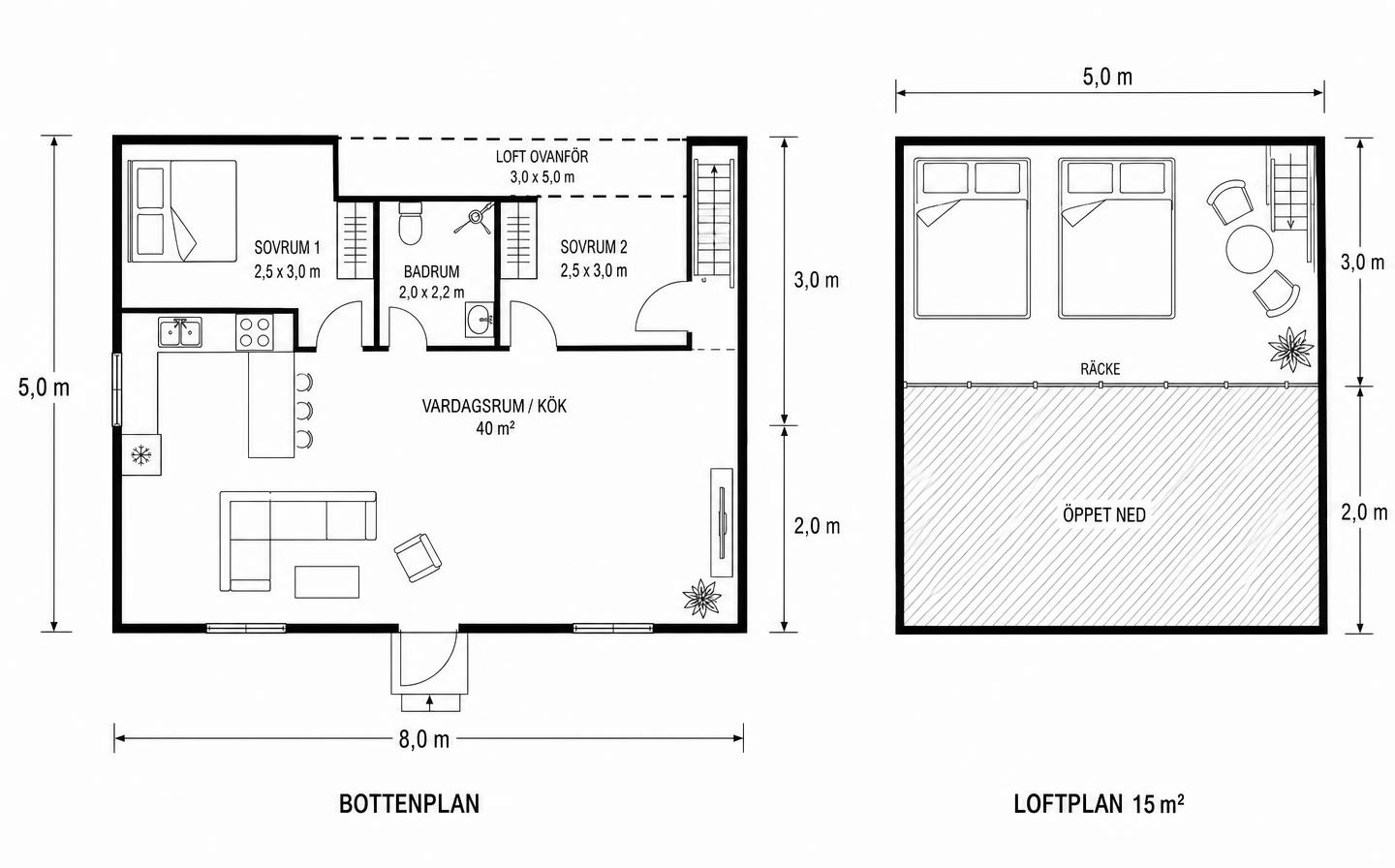 Planlösning för Nordan 40 med sovloft – bottenplan och loftplan