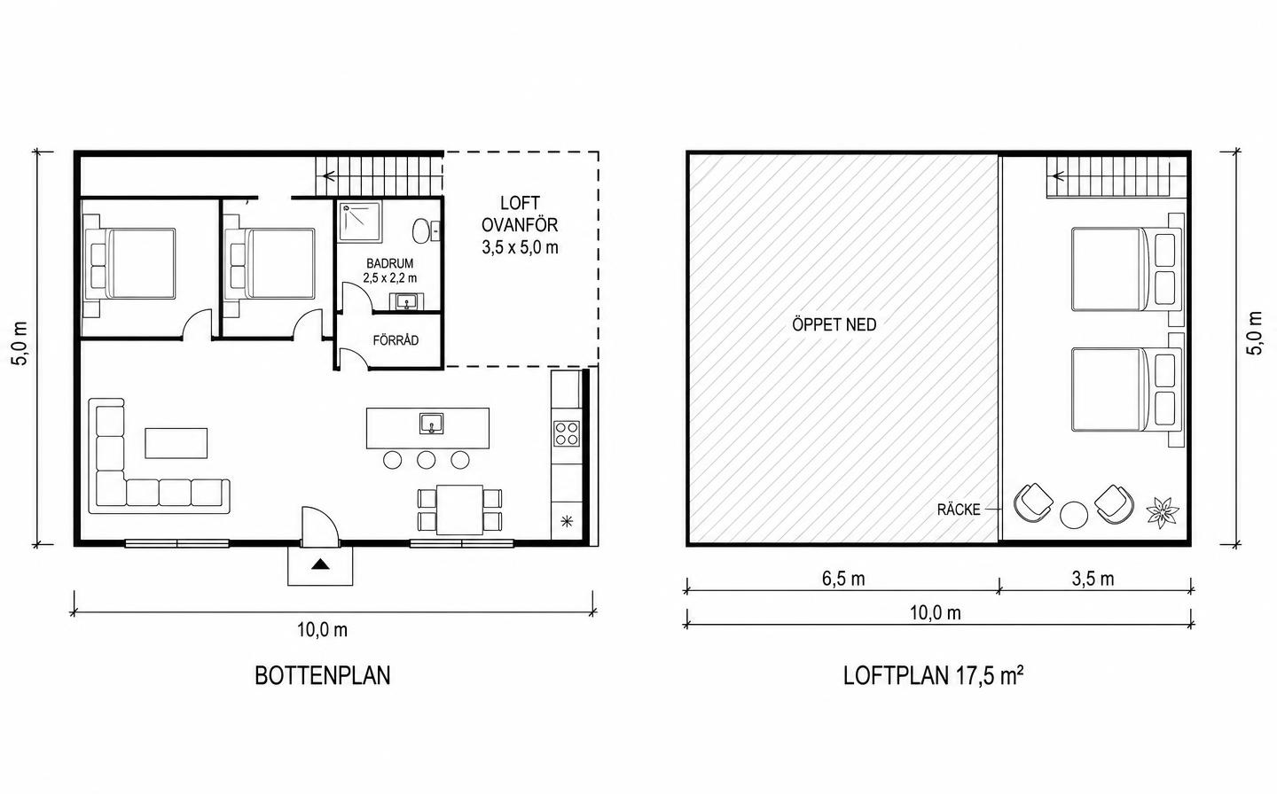 Planlösning för Nordan 50 med sovloft – bottenplan och loftplan